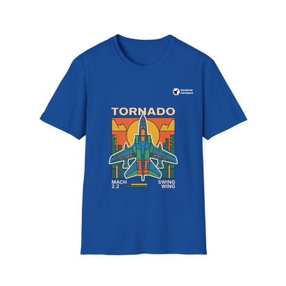 Tornado Twilight aviation graphic on a royal blue unisex t-shirt