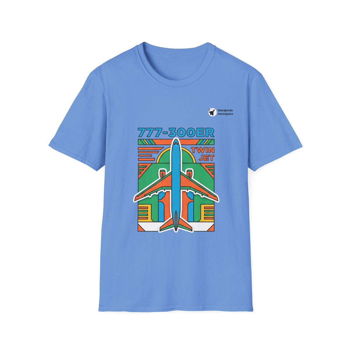 Triple Titan 777 aviation graphic on a carolina blue unisex t-shirt