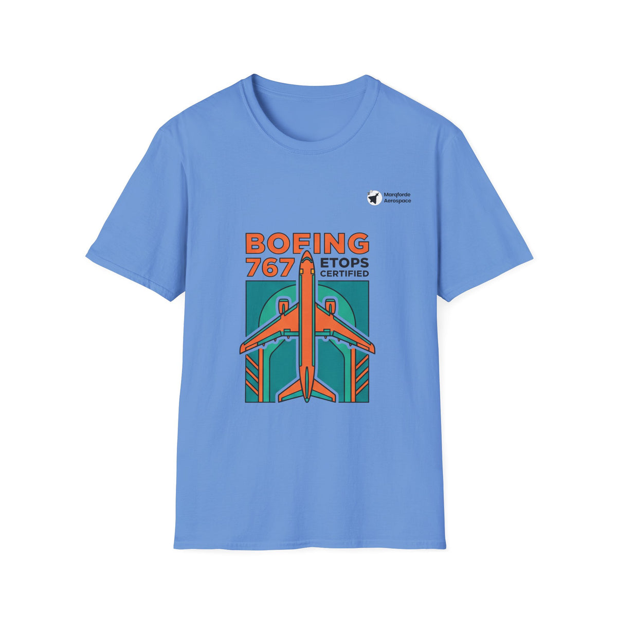 Twin Trailblazer 767 aviation graphic on a carolina blue unisex t-shirt