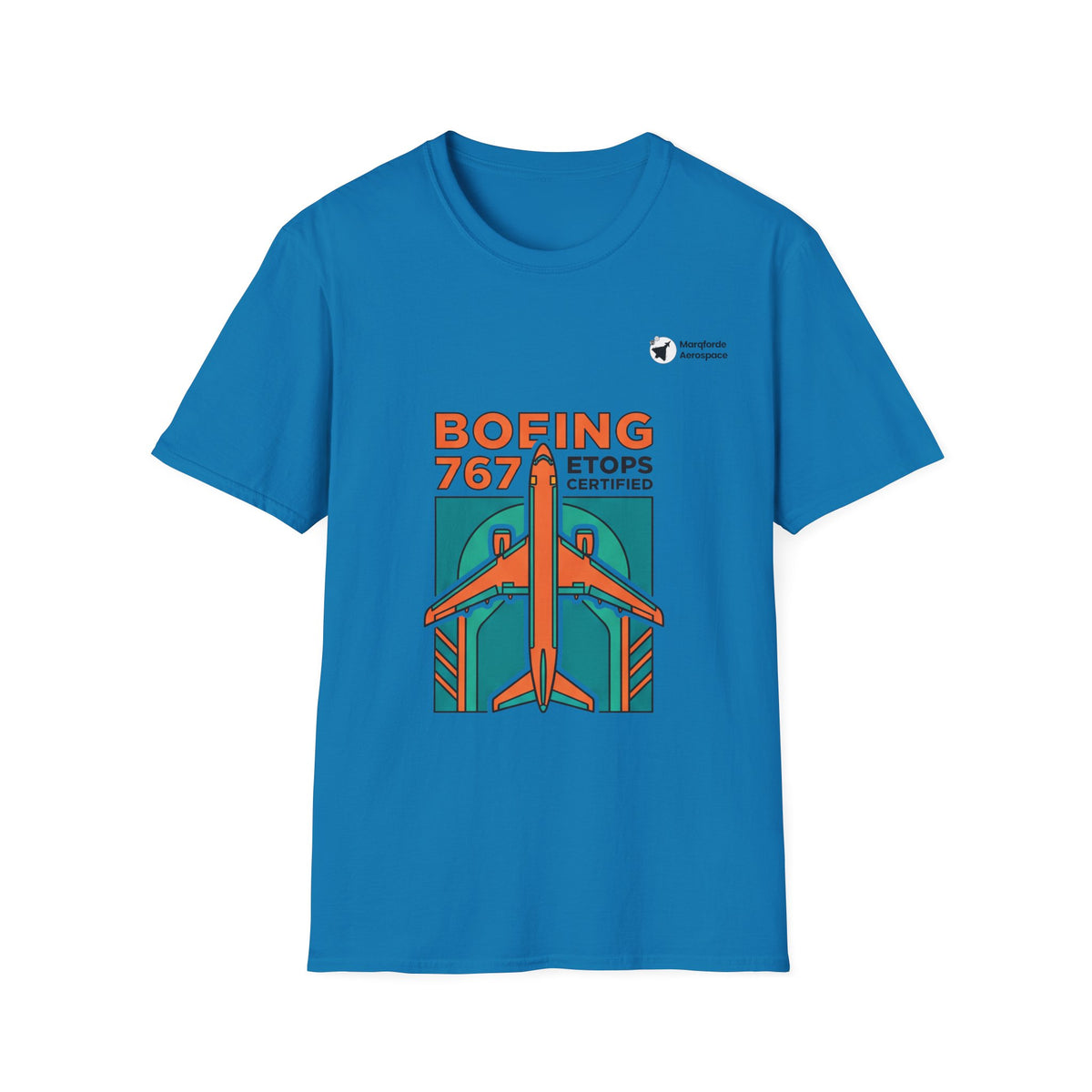 Twin Trailblazer 767 aviation graphic on a sapphire unisex t-shirt