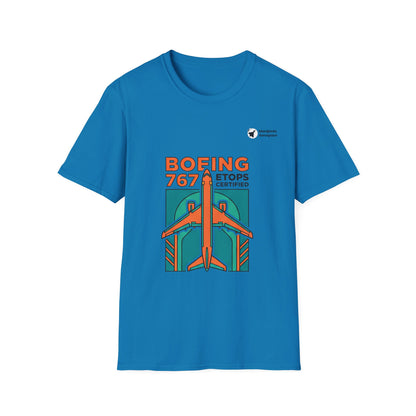 Twin Trailblazer 767 aviation graphic on a sapphire unisex t-shirt