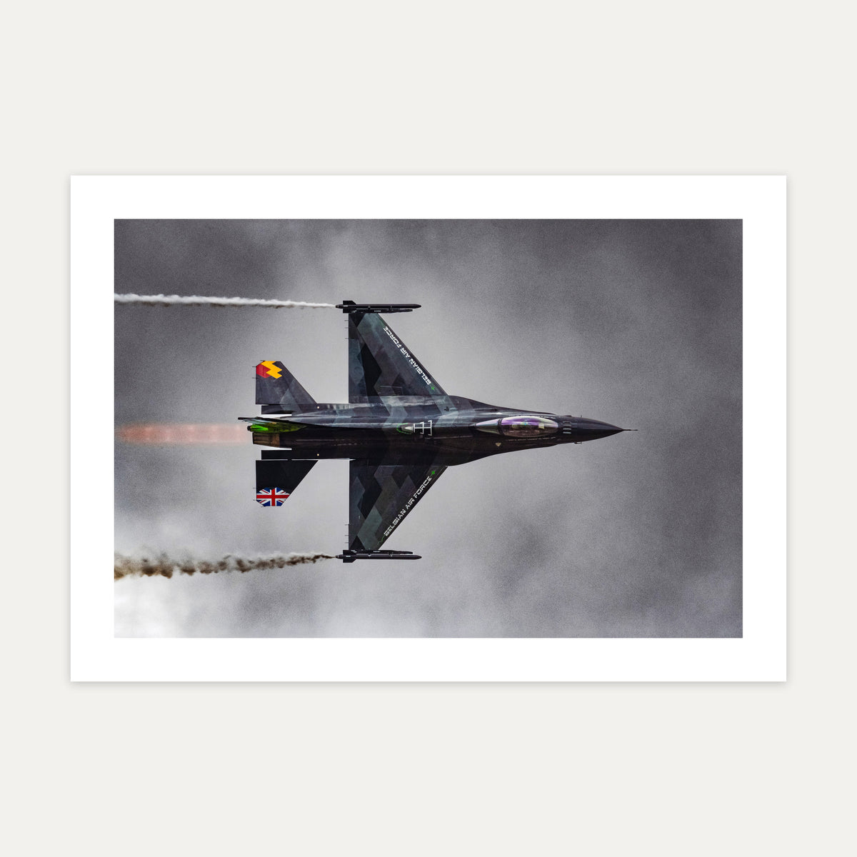 Belgian Air Force Dream Viper F-16 knife-edge pass with wingtip smoke under a dark sky, unframed A4 aviation photo print