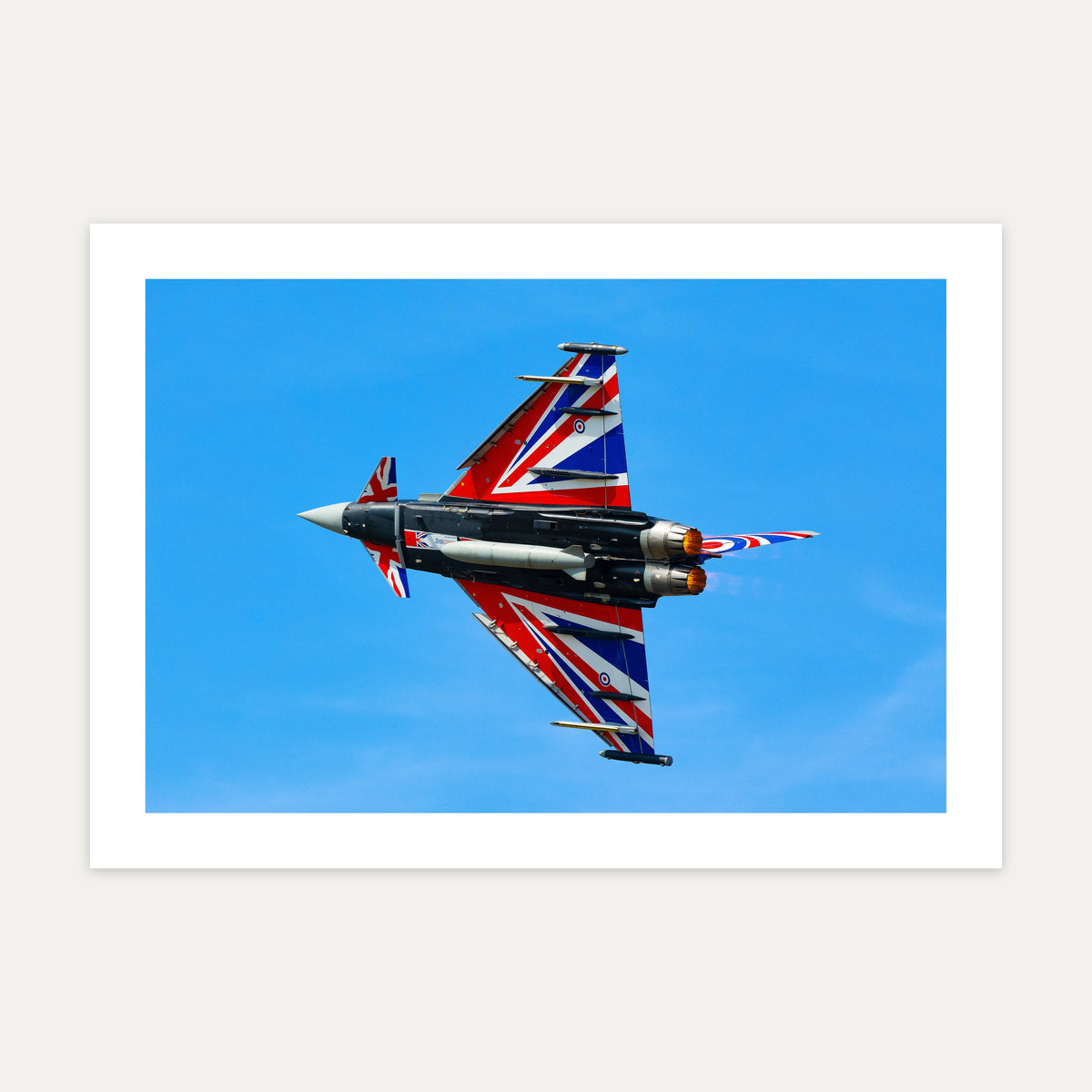 RAF Typhoon display jet Blackjack showing the Union flag on its underside against a blue sky, unframed A4 aviation photo print