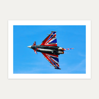 RAF Typhoon display jet Blackjack showing the Union flag on its underside against a blue sky, unframed A4 aviation photo print