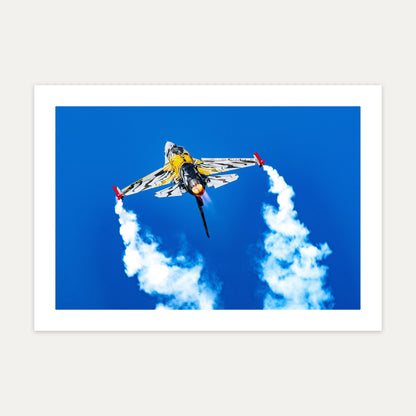 Belgian Air Force X-Tiger F-16 climbing with two wingtip smoke trails against a blue sky, unframed A4 aviation photo print