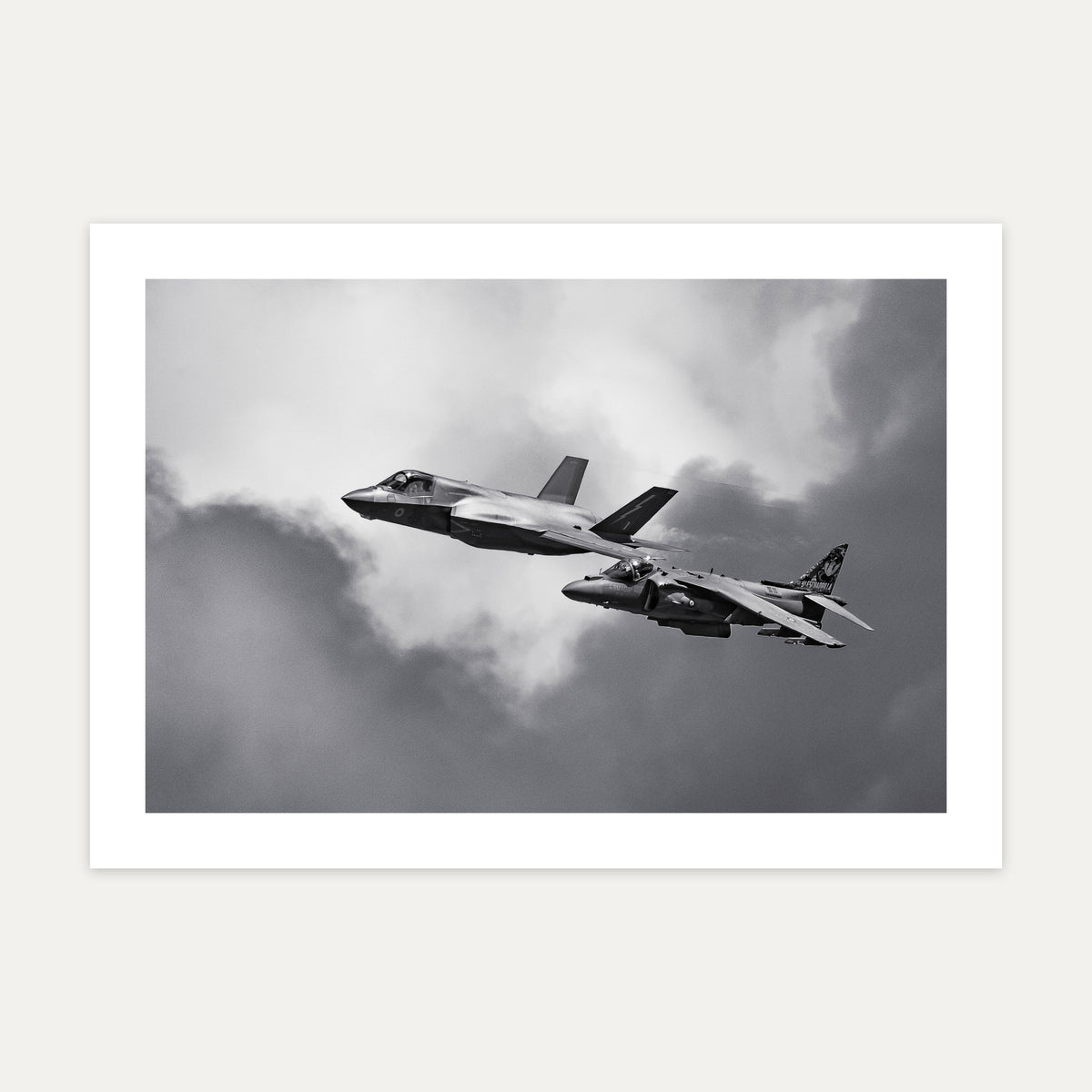 RAF F-35B Lightning II and Spanish Navy Harrier II flying together, black and white, unframed A4 aviation photo print