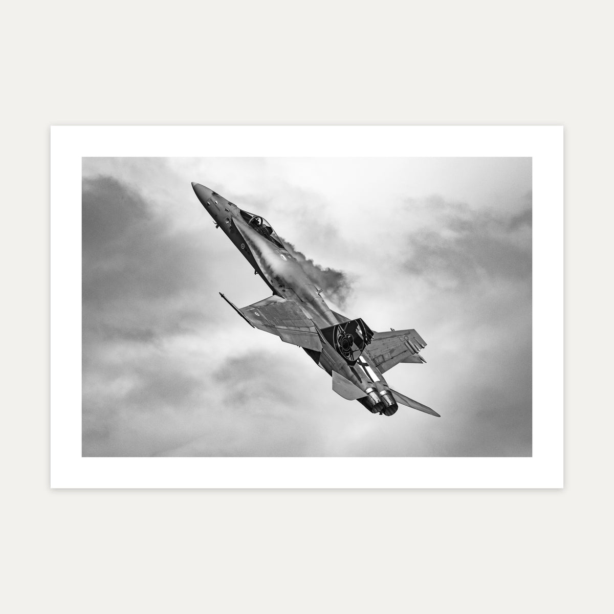 Finnish Air Force F/A-18 Hornet hauling into a climb, black and white, unframed A4 aviation photo print