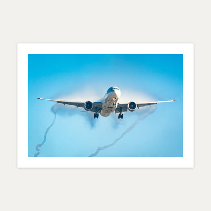 Qatar Airways Boeing 777 on approach in mist, twisting wingtip vortices trailing behind, unframed A4 aviation photo print
