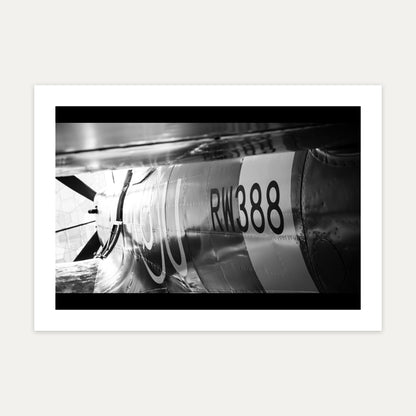 Rear fuselage and serial RW388 of a Spitfire in a panoramic black and white close-up, unframed A4 aviation photo print