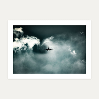 Airliner on approach carving a curling wake vortex through low cloud in teal light, unframed A4 aviation photo print