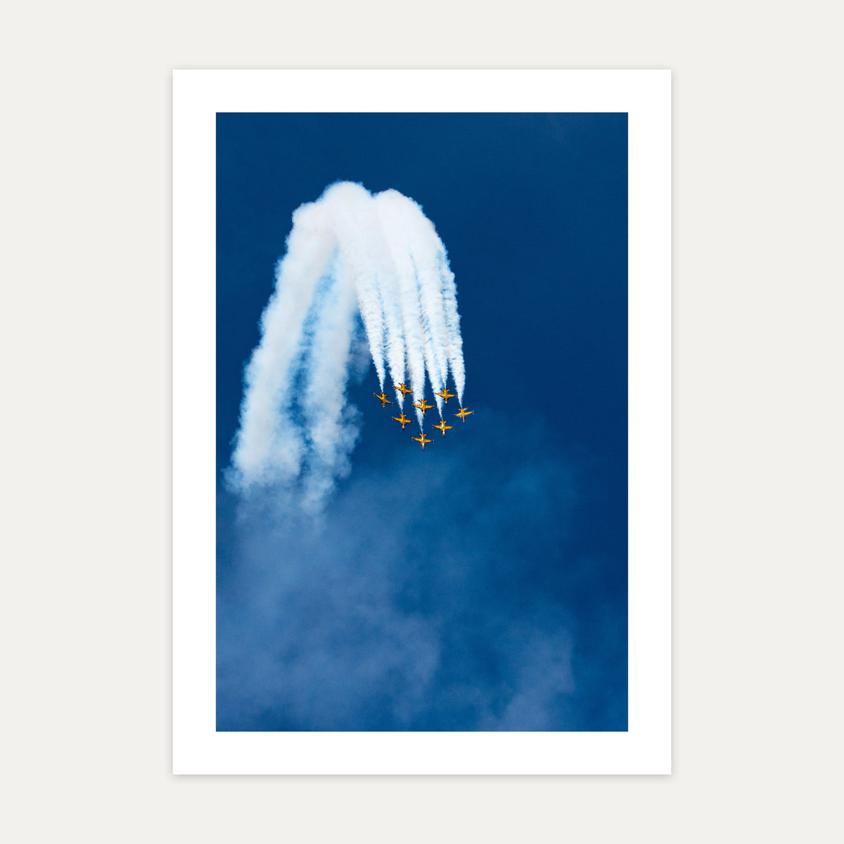 Black Eagles T-50B jets topping a loop with white smoke, unframed A4 aviation photo print