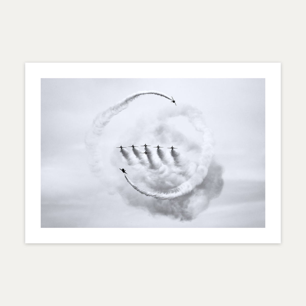 Five Red Arrows Hawks in formation inside a ring of smoke, unframed A4 black and white aviation photo print