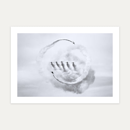 Five Red Arrows Hawks in formation inside a ring of smoke, unframed A4 black and white aviation photo print