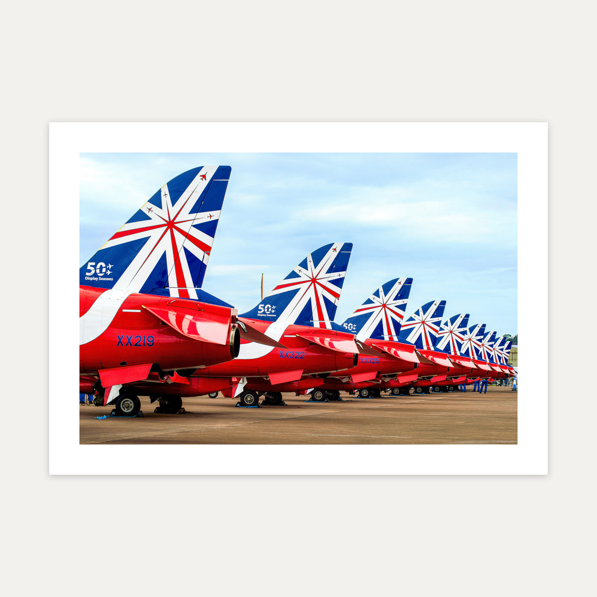 Line of Red Arrows Hawk tailfins in the 50 display seasons Union Flag scheme, unframed A4 aviation photo print