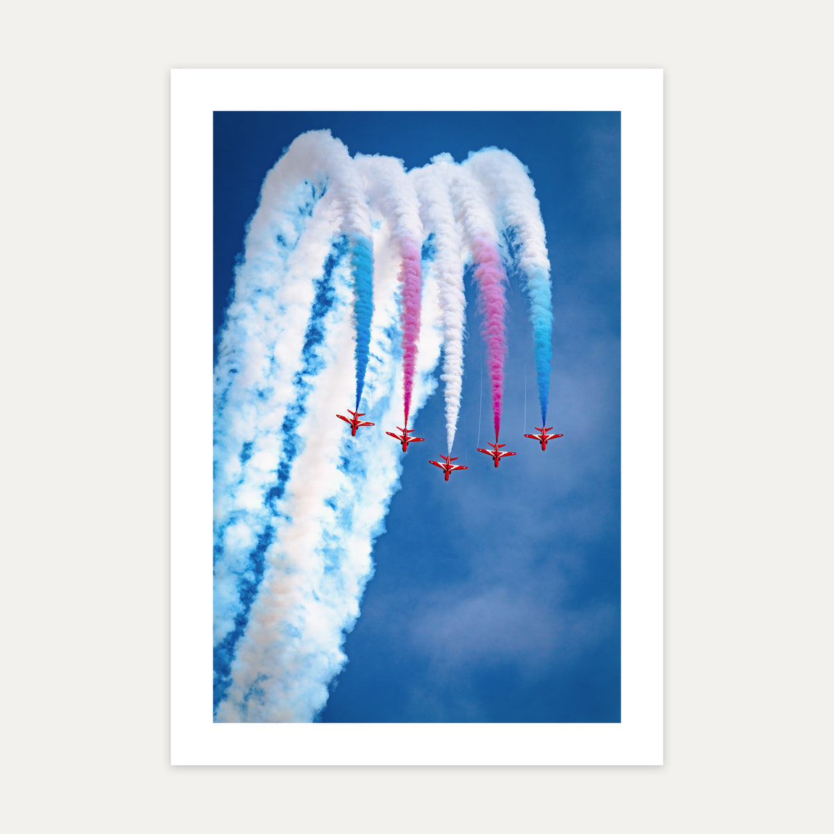 Red Arrows Hawks topping a loop in Apollo formation with red, white and blue smoke, unframed A4 aviation photo print