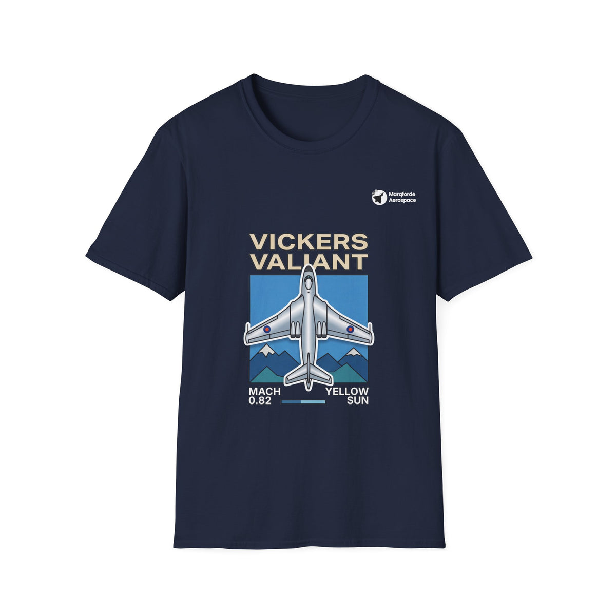 Valiant Voyager aviation graphic on a navy unisex t-shirt
