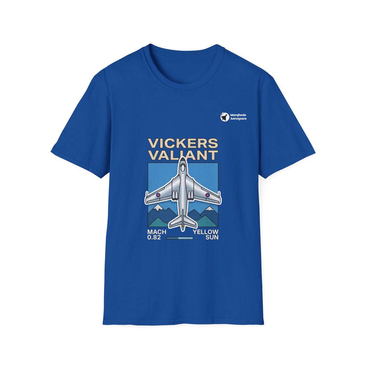 Valiant Voyager aviation graphic on a royal blue unisex t-shirt
