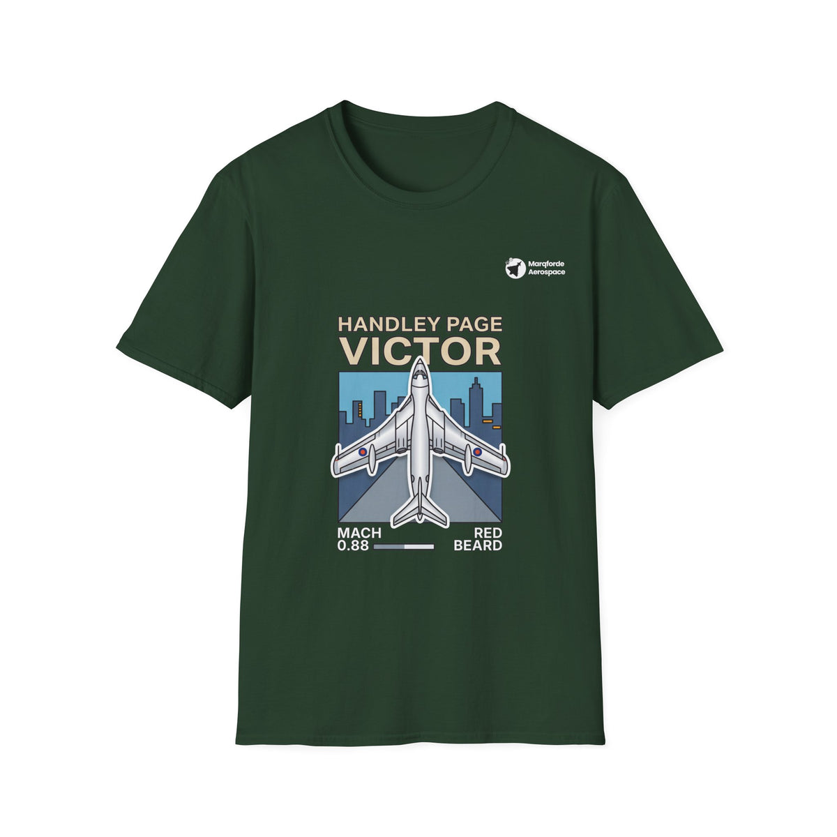 Victor Velocity aviation graphic on a forest green unisex t-shirt