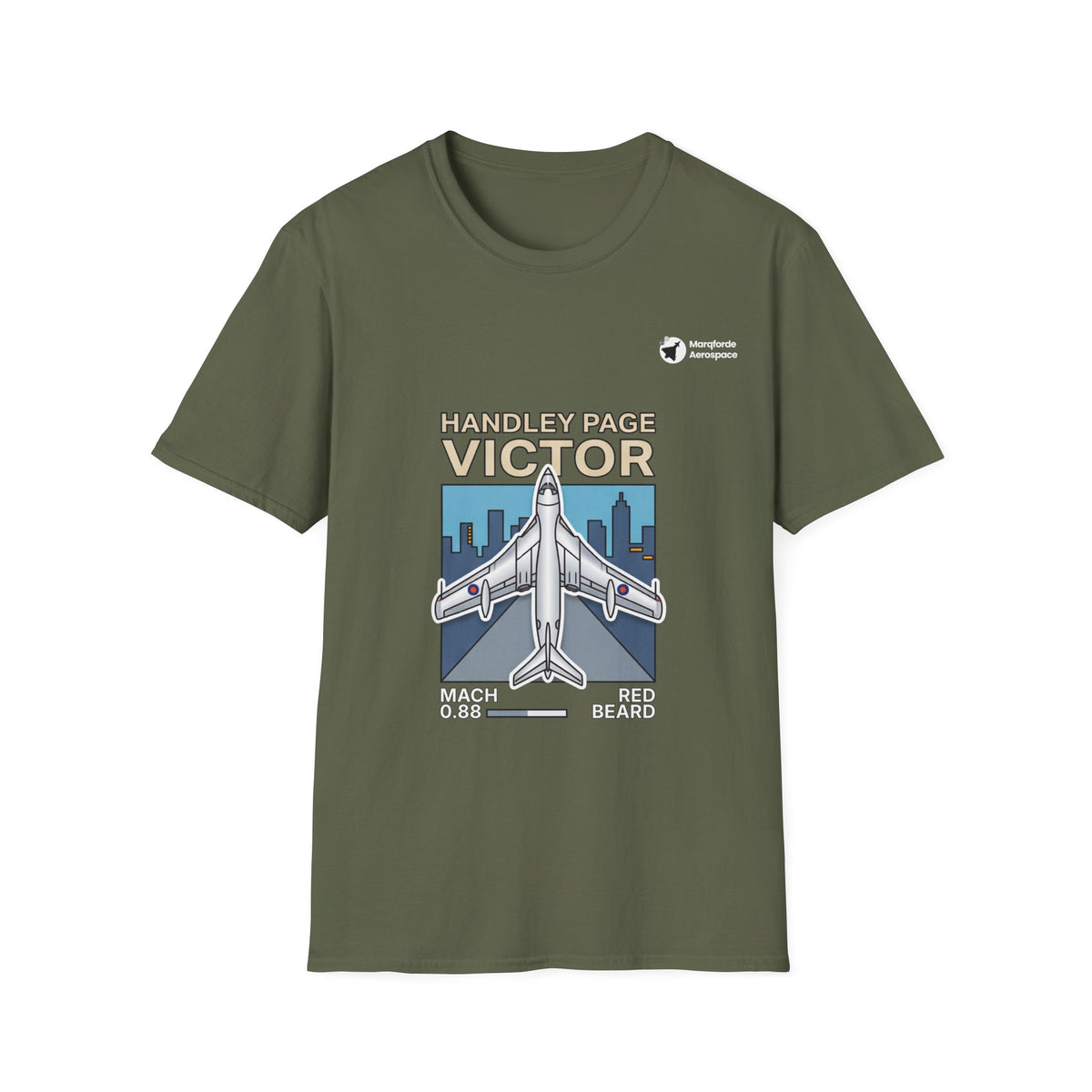 Victor Velocity aviation graphic on a military green unisex t-shirt