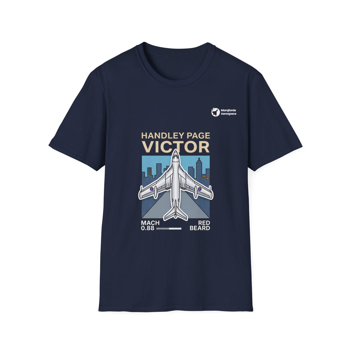 Victor Velocity aviation graphic on a navy unisex t-shirt