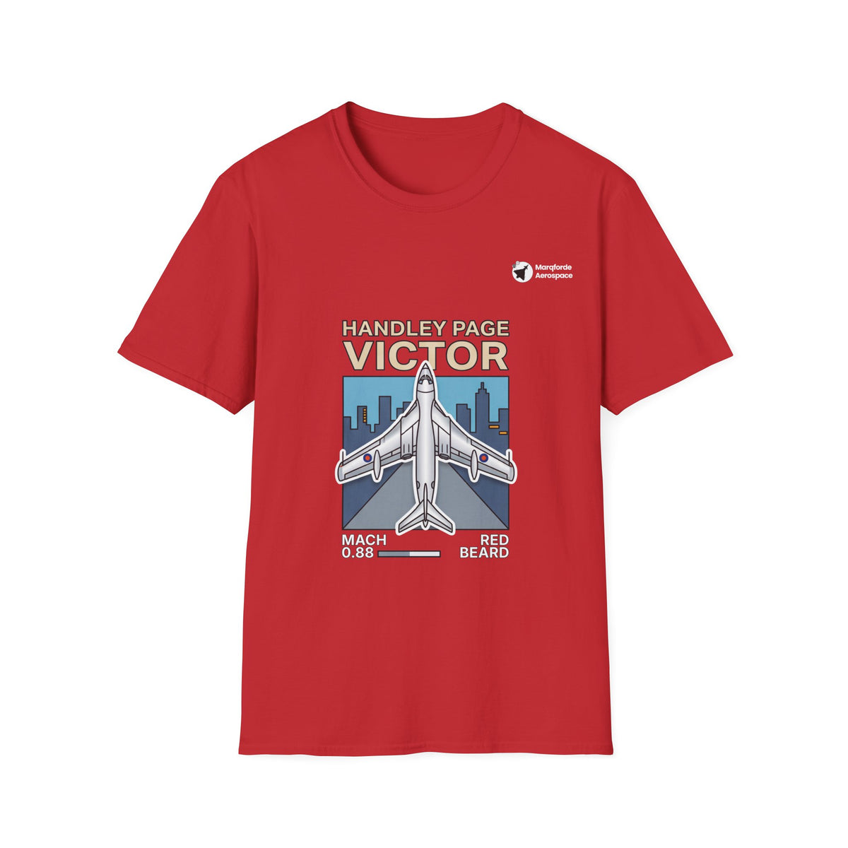 Victor Velocity aviation graphic on a red unisex t-shirt