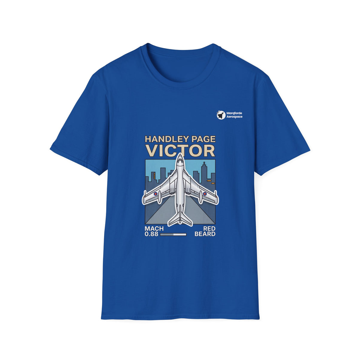 Victor Velocity aviation graphic on a royal blue unisex t-shirt