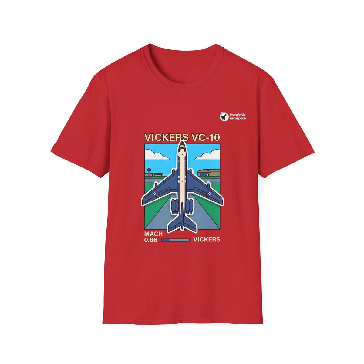 Vickers Voyage aviation graphic on a red unisex t-shirt