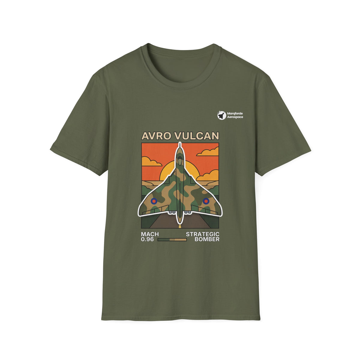 Vulcan Vanguard aviation graphic on a military green unisex t-shirt