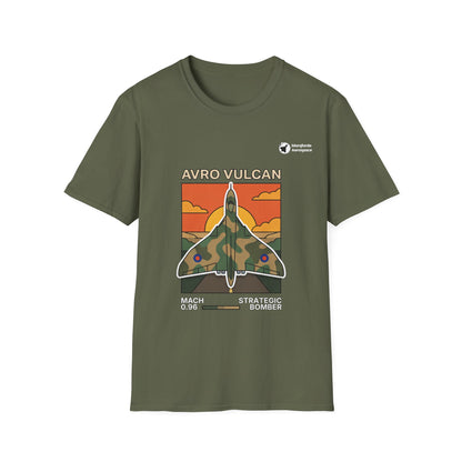 Vulcan Vanguard aviation graphic on a military green unisex t-shirt