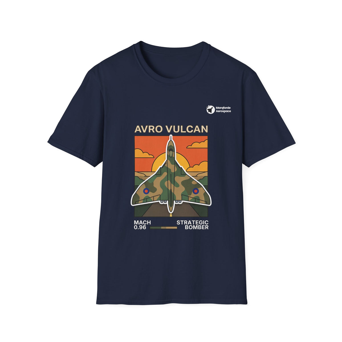 Vulcan Vanguard aviation graphic on a navy unisex t-shirt