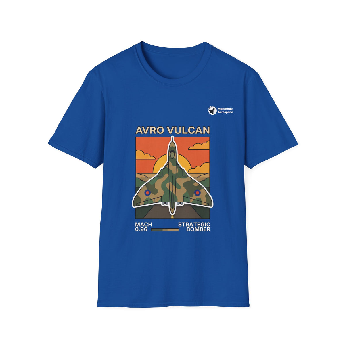 Vulcan Vanguard aviation graphic on a royal blue unisex t-shirt