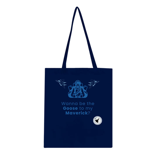 Close-Up of Goose To My Maverick Tote Bag – Bold Text Print on Dark Fabric