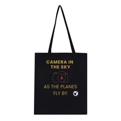 Close-Up of Camera In The Sky Tote Bag – Stylish Dark Design
