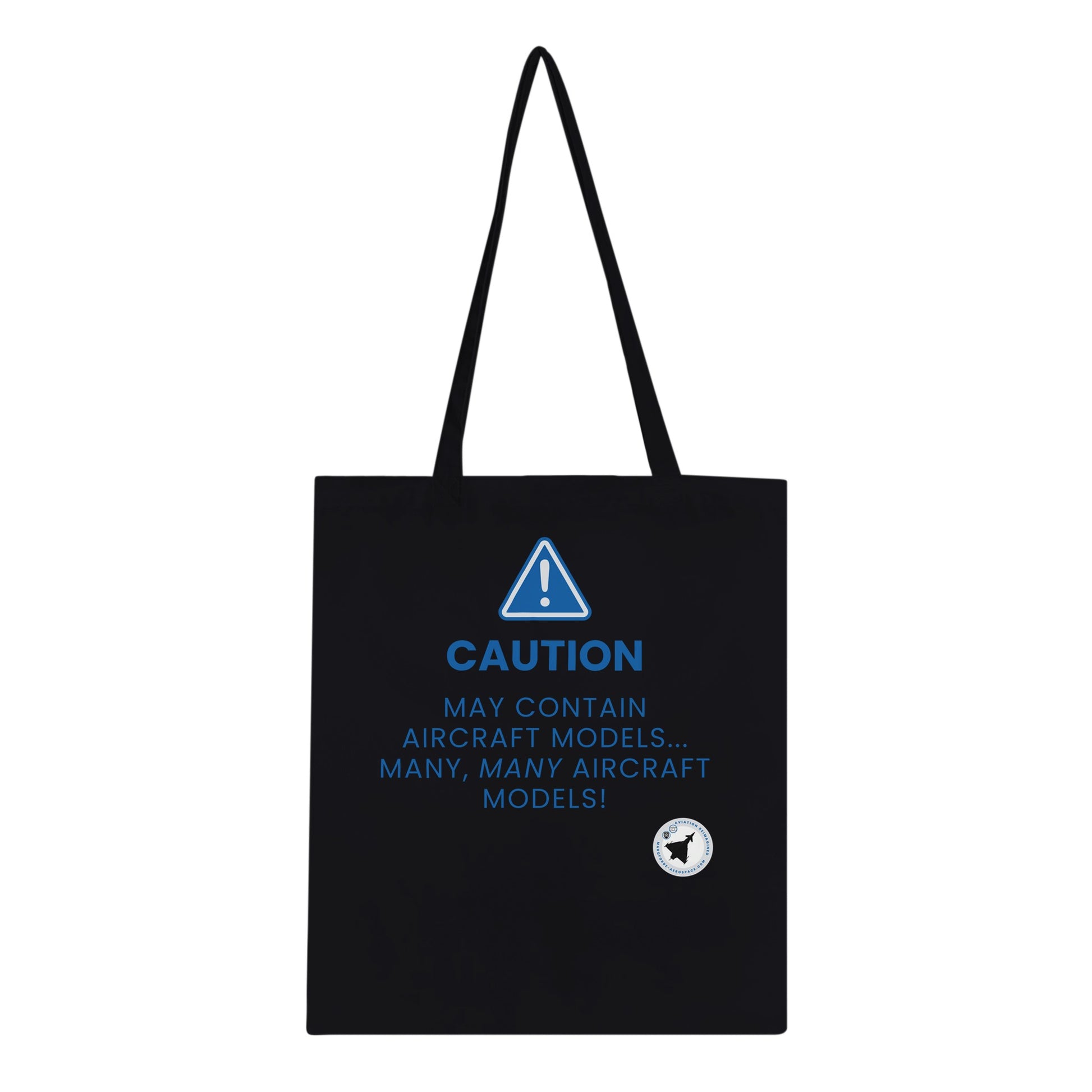 Durable Tote Bag Featuring May Contain Aircraft Models Text in Dark Colours