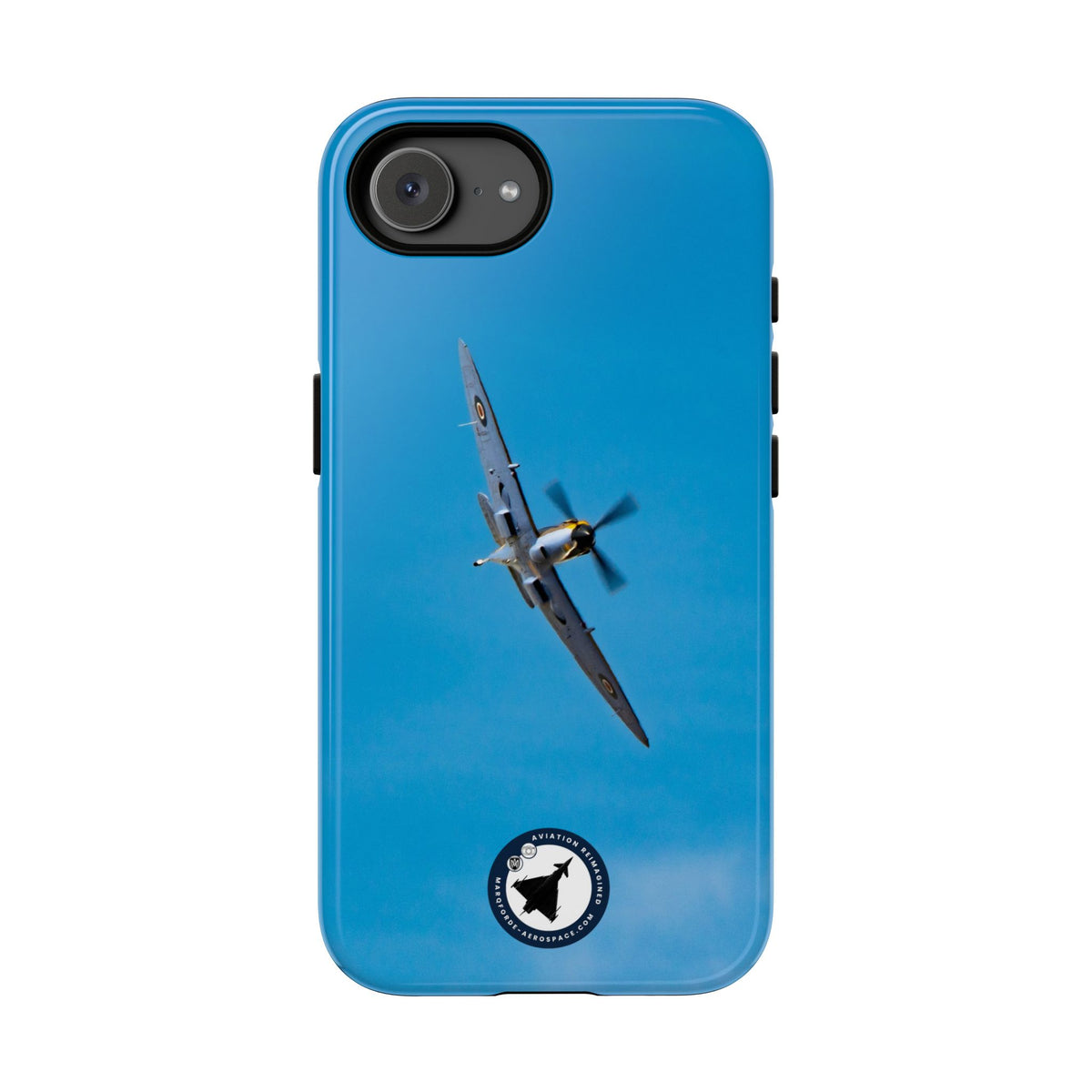 Camouflaged RAF Spitfire banking in a blue sky aviation photo iPhone tough phone case – view 68