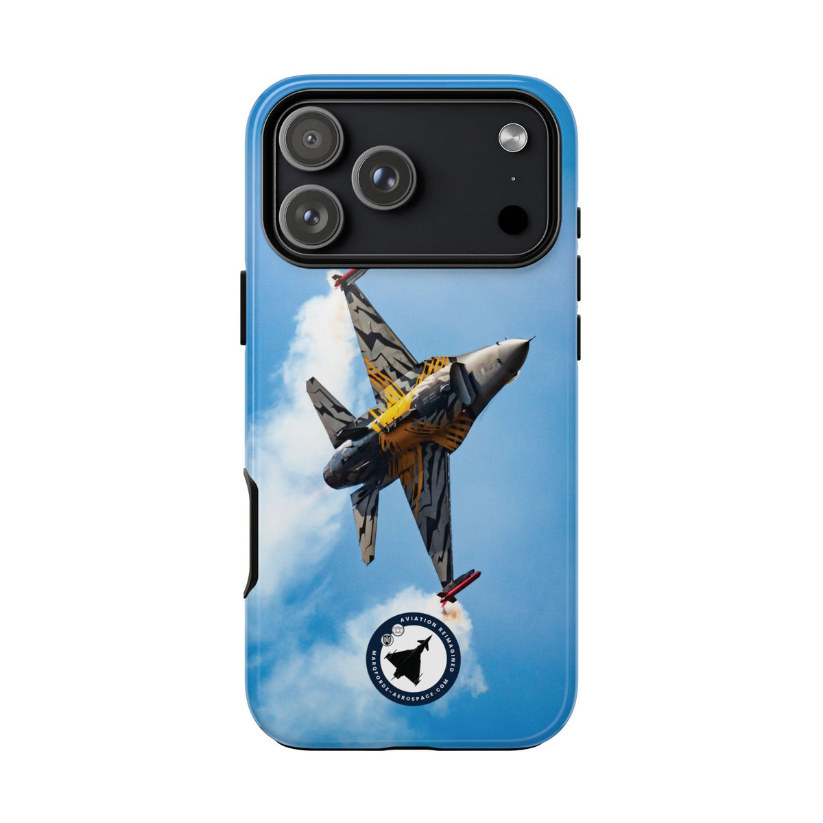 Tiger-striped Belgian F-16 banking hard with smoke aviation photo iPhone tough phone case – view 34